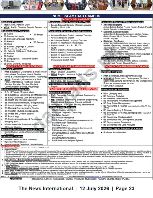 Newspaper clipping: NUML Islamabad Campus — Admissions Open for Undergraduate, Graduate and Certificate Programs, The News International, 12 Jul 2026