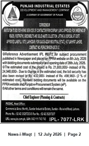 Newspaper clipping: Corrigendum — Punjab Industrial Estates: Revision to Procurement (IPL #6972), Nawa-i-Waqt, 12 Jul 2026