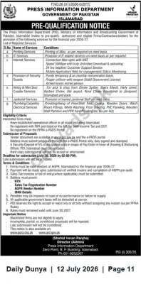 Newspaper clipping: Press Information Department Islamabad — Pre-Qualification Notice for Service Providers (FY 2026-27), Dunya, 12 Jul 2026