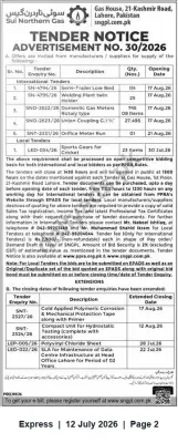 Newspaper clipping: SNGPL Tender Notice No. 30/2026 — International & Local Supply Tenders (Various Items), Express, 12 Jul 2026