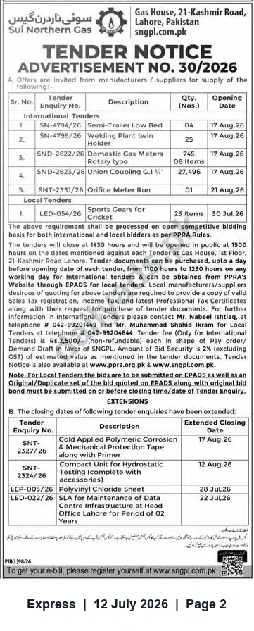 Newspaper clipping: SNGPL Tender Notice No. 30/2026 — International & Local Supply Tenders (Various Items), Express, 12 Jul 2026