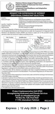 Newspaper clipping: PMD (IFRAP) — Expression of Interest: Financial Management Specialist (Individual Consultant), Express, 12 Jul 2026