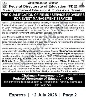 Newspaper clipping: FDE Pre-Qualification for Event Management Service Providers (Islamabad/Rawalpindi), Express, 12 Jul 2026