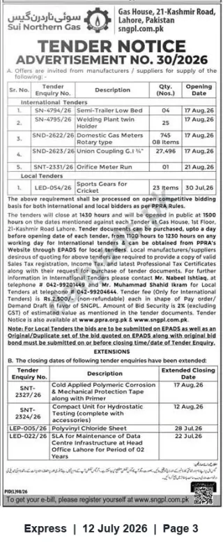 Newspaper clipping: SNGPL Tender Notice No. 30/2026 — Supply Contracts (Lahore), Express, 12 Jul 2026