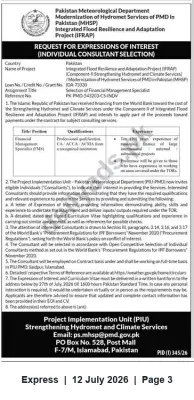 Newspaper clipping: Expression of Interest — Financial Management Specialist for IFRAP (Pakistan Meteorological Department), Express, 12 Jul 2026