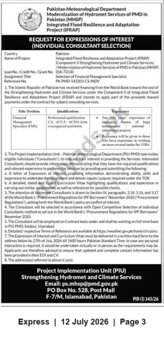 Newspaper clipping: Expression of Interest — Financial Management Specialist for IFRAP (Pakistan Meteorological Department), Express, 12 Jul 2026