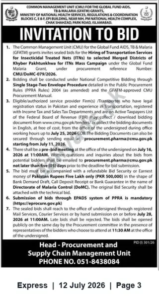 Newspaper clipping: CMU Invitation to Bid: Transportation Services for ITNs Distribution (Global Fund), Express, 12 Jul 2026