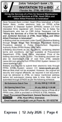 Newspaper clipping: ZTBL Invitation to Bid for General Maintenance & Janitorial Services — Head Office Islamabad, Express, 12 Jul 2026