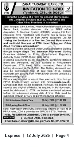 Newspaper clipping: ZTBL Invitation to Bid for General Maintenance & Janitorial Services — Head Office Islamabad, Express, 12 Jul 2026
