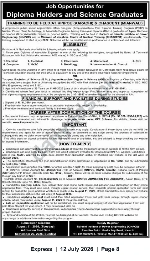 Newspaper clipping: Diploma Holders & Science Graduates: One-Year Nuclear Power Plant Training at KINPOE (Karachi) & CHASCENT (Mianwali), Express, 12 Jul 2026