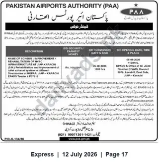 Newspaper clipping: PAA Tender: Improvement/Rehabilitation of HVAC Infrastructure at JIAP Karachi, Express, 12 Jul 2026