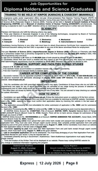 Newspaper clipping: Post Diploma Training Programme (PDTP) for DAE Holders & Science Graduates — KINPOE (Karachi) & CHASCENT (Mianwali), Express, 12 Jul 2026