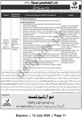 Newspaper clipping: NTL (NADRA Technologies) Hiring Business Executives — Multiple Cities, Express, 12 Jul 2026
