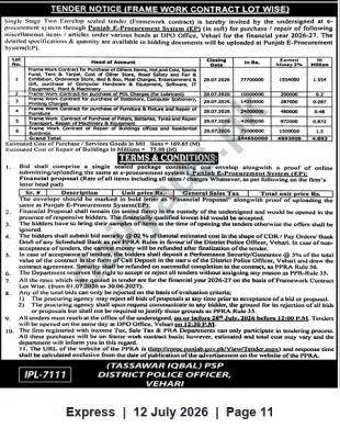 Newspaper clipping: Framework Contract Tender — District Police Officer, Vehari (Closing 2026-07-28), Express, 12 Jul 2026