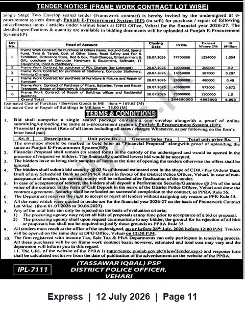Newspaper clipping: Framework Contract Tender — District Police Officer, Vehari (Closing 2026-07-28), Express, 12 Jul 2026