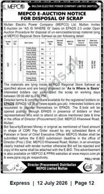 Newspaper clipping: MEPCO E-Auction Notice for Disposal of Scrap at Sahiwal, Express, 12 Jul 2026