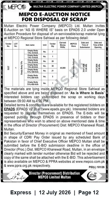 Newspaper clipping: MEPCO E-Auction Notice for Disposal of Scrap at Sahiwal, Express, 12 Jul 2026