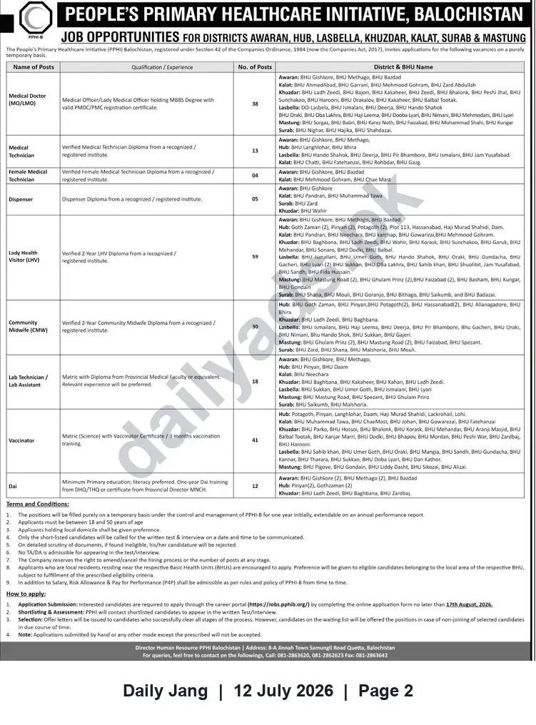 Newspaper clipping: PPHI Balochistan Hiring: Medical Doctors, Technicians & Paramedics for Awaran, Hub, Lasbella, Khuzdar, Kalat, Surab & Mastung, Jang, 12 Jul 2026