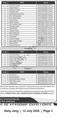 Newspaper clipping: Final Notice for Allottees of Green Enclave-I, Bhara Kahu (FGEHA), Jang, 12 Jul 2026