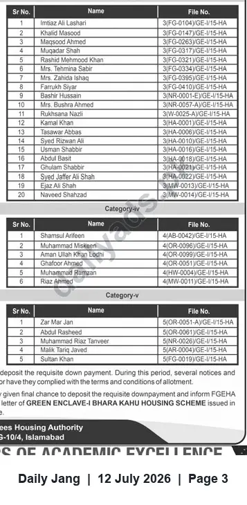 Newspaper clipping: Final Notice for Allottees of Green Enclave-I, Bhara Kahu (FGEHA), Jang, 12 Jul 2026