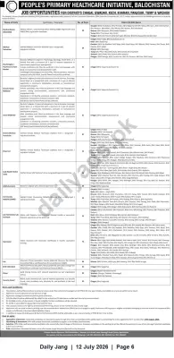 Newspaper clipping: Job Opportunities — People's Primary Healthcare Initiative (PPHI), Balochistan, Jang, 12 Jul 2026