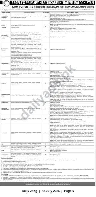 Newspaper clipping: Job Opportunities — People's Primary Healthcare Initiative (PPHI), Balochistan, Jang, 12 Jul 2026