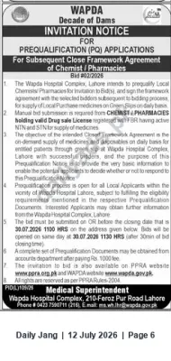 Newspaper clipping: WAPDA Hospital Lahore — Prequalification for Chemists/Pharmacies (Closed Framework Agreement), Jang, 12 Jul 2026