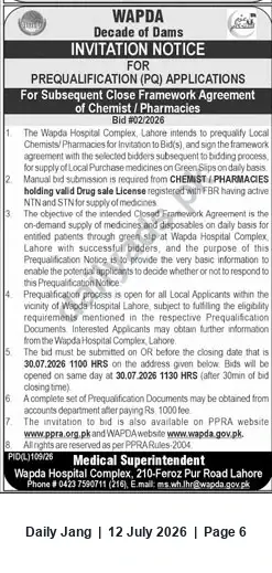 Newspaper clipping: WAPDA Hospital Lahore — Prequalification for Chemists/Pharmacies (Closed Framework Agreement), Jang, 12 Jul 2026