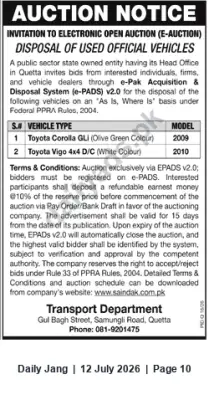 Newspaper clipping: Transport Department Quetta — E-Auction for Disposal of Two Used Official Vehicles, Jang, 12 Jul 2026