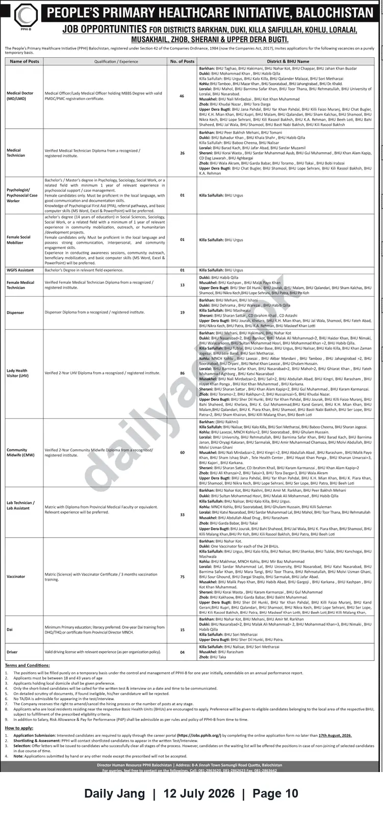 Newspaper clipping: PPHI-Balochistan Recruitment: Medical & Paramedical Vacancies for Multiple Districts, Jang, 12 Jul 2026