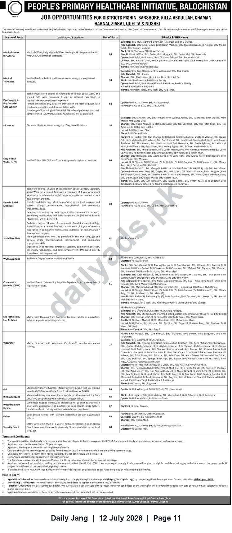 Newspaper clipping: PPHI Balochistan — Multiple Healthcare Job Vacancies in Quetta, Pishin, Noshki & Other Districts, Jang, 12 Jul 2026