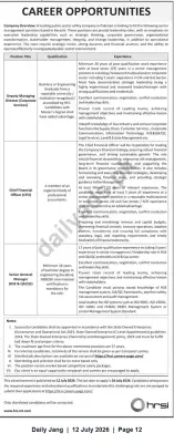 Newspaper clipping: Senior Management Careers (Deputy MD, CFO, Senior GM HSE & QA/QC) — Karachi — Apply by 26 July 2026, Jang, 12 Jul 2026