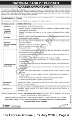 Newspaper clipping: National Bank of Pakistan (NBP) – CAD Officer (Credit Administration) Vacancy, The Express Tribune, 12 Jul 2026