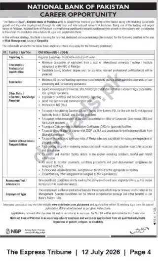 Newspaper clipping: National Bank of Pakistan (NBP) – CAD Officer (Credit Administration) Vacancy, The Express Tribune, 12 Jul 2026