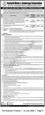 Newspaper clipping: KW&SC Invites Tenders for Pipe Replacement and Pumping Station Rehabilitation in Orangi Town, The Express Tribune, 12 Jul 2026