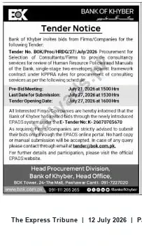 Newspaper clipping: Bank of Khyber Tender for Consultancy on HR Policies & Manuals, The Express Tribune, 12 Jul 2026