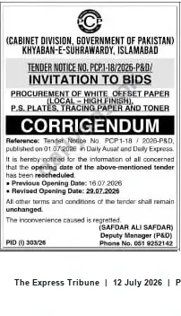 Newspaper clipping: Cabinet Division Islamabad – Corrigendum: Invitation to Bids for Paper, Plates and Toner, The Express Tribune, 12 Jul 2026