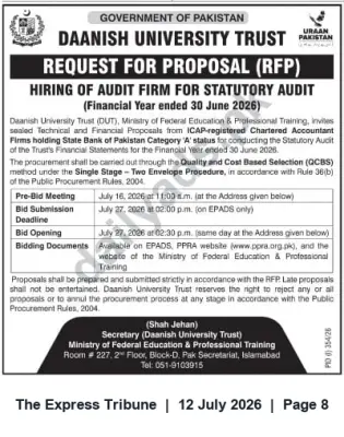 Newspaper clipping: Daanish University Trust RFP: Statutory Audit for Year Ended 30 June 2026, The Express Tribune, 12 Jul 2026