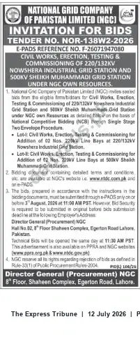 Newspaper clipping: NGC Invitation for Bids: Civil Works, Erection, Testing & Commissioning of Grid Stations (Tender NOR-138W2-2026), The Express Tribune, 12 Jul 2026