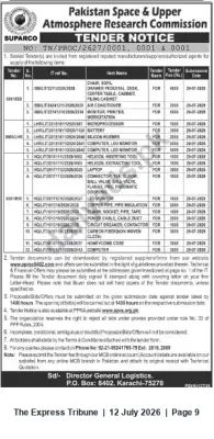 Newspaper clipping: SUPARCO Tender Notice for Office, IT and Workshop Supplies, The Express Tribune, 12 Jul 2026