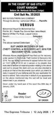 Newspaper clipping: Gas Utility Court Karachi Summons: Sui Southern Gas Company v. Muhammad Hayat – Recovery Rs. 3,534,707, The Express Tribune, 12 Jul 2026