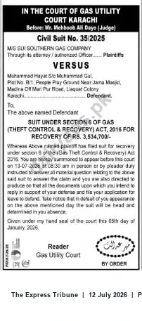 Newspaper clipping: Gas Utility Court Karachi Summons: Sui Southern Gas Company v. Muhammad Hayat – Recovery Rs. 3,534,707, The Express Tribune, 12 Jul 2026