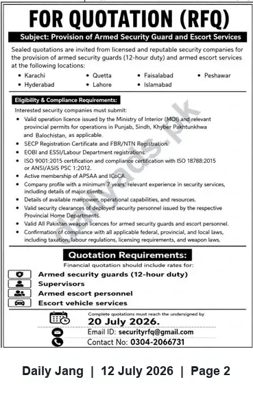Newspaper clipping: RFQ: Provision of Armed Security Guards and Escort Services — Quotes due 2026-07-20, Jang, 12 Jul 2026