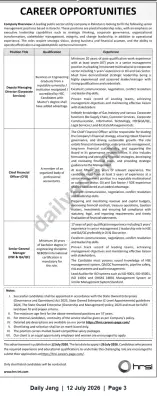 Newspaper clipping: Senior Management Vacancies at Leading Public Sector Utility in Karachi (Deputy MD, CFO, Senior GM HSE & QA/QC), Jang, 12 Jul 2026