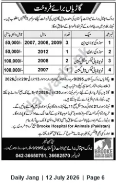 Newspaper clipping: Brooke Hospital for Animals (Pakistan) — Used Vehicles for Sale (Auction), Jang, 12 Jul 2026