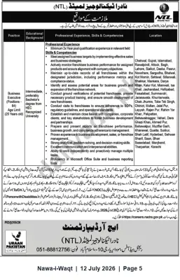 Newspaper clipping: Nadra Technologies Limited (NTL) Hiring Business Executives (64) — Multiple Cities, Nawa-i-Waqt, 12 Jul 2026