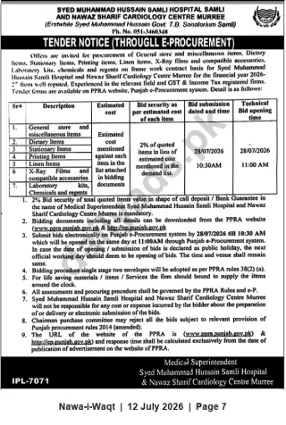 Newspaper clipping: Tender: Supply of General Store & Miscellaneous Items – Syed Muhammad Hussain Samli Hospital, Murree, Nawa-i-Waqt, 12 Jul 2026