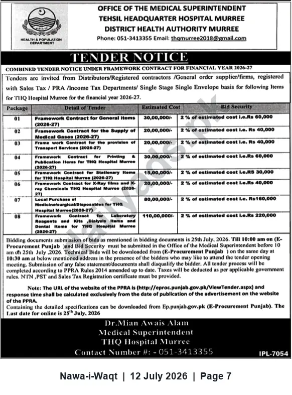 Newspaper clipping: Tender Notice: Framework Contracts for THQ Hospital Murree (Financial Year 2026–27), Nawa-i-Waqt, 12 Jul 2026