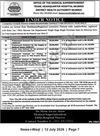 Newspaper clipping: Tender Notice: Framework Contracts for THQ Hospital Murree (Financial Year 2026–27), Nawa-i-Waqt, 12 Jul 2026