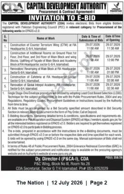 Newspaper clipping: CDA Invitation to e-Bid for Construction & Renovation Works at FIA Headquarters, G-9/4 Islamabad, The Nation, 12 Jul 2026